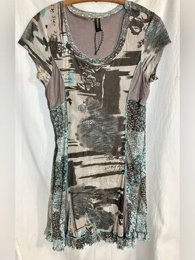 Sacred Threads Mesh Retro Dress Sz L Stretch layer Patchwork